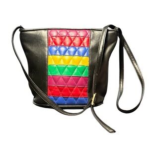 Vintage 80s Quilted Color Block Crossbody Bag Mod Retro Shoulder Purse